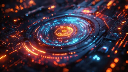 Poster - A vibrant, circular design featuring glowing blue and orange lights, resembling a futuristic technological interface or digital circuit.