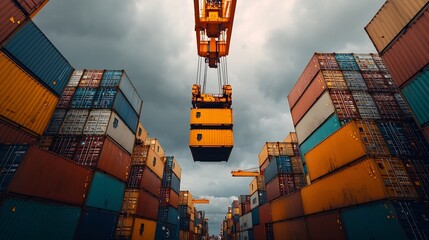 Poster - Bustling offshore port facility with towering gantry cranes systematically lifting and lowering cargo containers in a rhythmic mechanized dance against a cloudy sky backdrop
