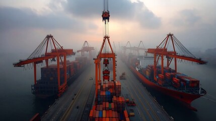 Poster - Busy offshore port with towering gantry cranes systematically lifting and lowering cargo containers in a rhythmic