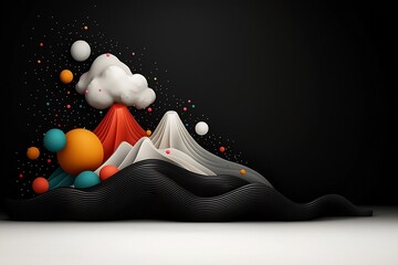 Leinwandbilder - Serene abstract dark black environment with pastel colored dots and undulating lines composing a wave patterned mountain 3D digital art on a plain white backdrop