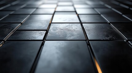 Poster - A close-up view of dark metallic tiles arranged in a grid, highlighting texture and reflections in a dramatic lighting environment.