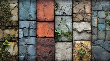 Poster - A close-up of colorful stone tiles, featuring varying textures and natural elements like moss, showcasing a rustic and earthy aesthetic.