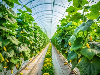 Poster - Organic Cucumber Greenhouse: Fresh Produce Growing on Vine Under White Agro-Fabric