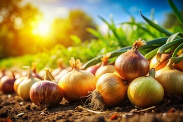 Wall Mural - Organic Onions Growing in Field, Abundant Harvest, Rural Farming, Fresh Produce