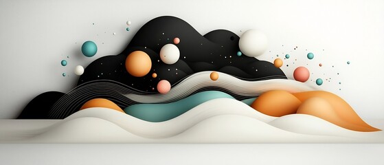Leinwandbilder - Captivating Surreal Abstract Landscape with a Mysterious Black Background Accented by Pastel Colored Dots and Lines Flowing in a Wave Like Motion Across Rolling Hills Presented in 3D Digital Art