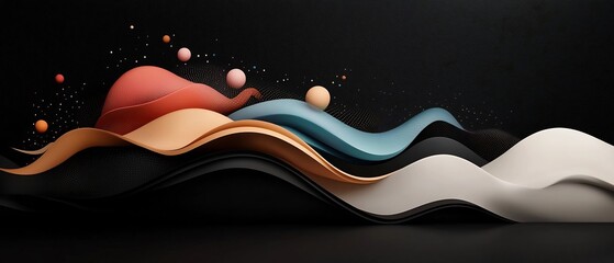 Leinwandbilder - Surreal abstract landscape with a black shadowy background accented by pastel colored dots and lines flowing in a wave like motion across rolling hills