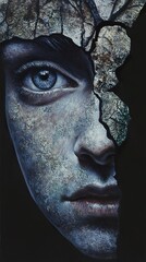 Wall Mural - Stone Face: A Surreal Portrait of Strength and Mystery