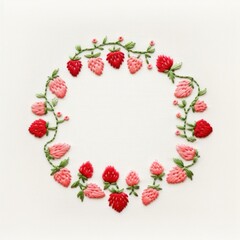 Poster - Little strawberry circle border embroidery pattern textile.