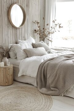 a scandinavian bedroom with a white bed and a wooden accent wall