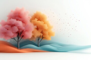 Poster - Vibrant pastel forest with wispy ethereal pastel trees captivating dot and line designs dreamlike 3D digital painting with a bright white backdrop creating a serene and imaginative natural landscape