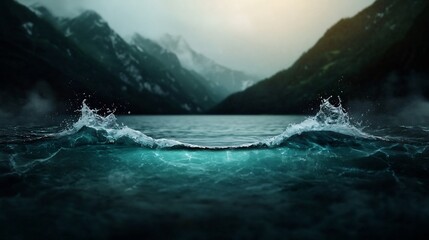 Poster - Breathtaking landscape of a misty moody mountain lake with crashing tumultuous waves and dramatic cinematic lighting  Serene yet captivating natural scenery evoking a sense of adventure and