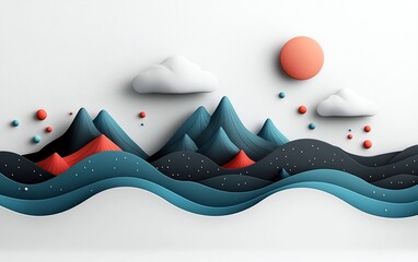 Poster - Moody abstract 3D CGI landscape featuring a wave patterned mountain scene with pastel dots and dynamic lines creating a seamless crisp and contemporary visual composition
