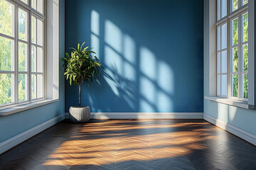 Poster - A 3D rendering of a modern, Scandinavian-style interior with wood flooring and a blue wall creates an inviting and minimalist atmosphere in an empty room
