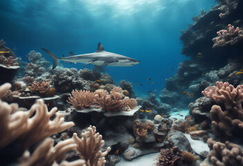 Wall Mural - shark reef jaw danger teeth red sun sea life salt deep swim dive hard blue fish light