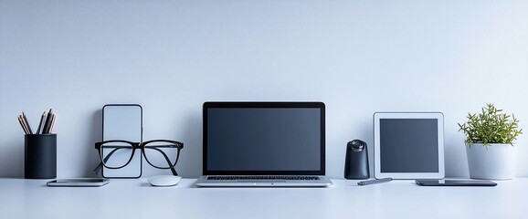 Aufkleber - Modern workspace with laptop, tablet, phone, and stationery.