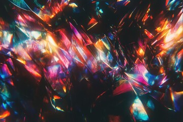 Poster - abstract iridescent crystals glowing dark background, digital art, design