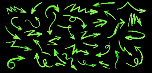 Poster - neon green arrows set. wax crayon drawing grafitti elements in acid green color. collection of vecto