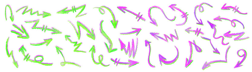 Poster - neon green arrows set. wax crayon drawing grafitti elements in acid pink color. collection of vector