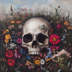 Wall Mural - Memento Mori: A Skull Amongst Flowers