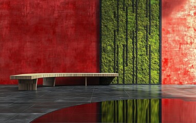 Fiery red minimalist colonial interior, blank wall, reflective black tiles, a curved wooden bench, and a vertical moss wall.