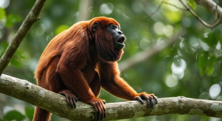  Red howler monkey sitting on a high tree branch, calling out into the forest.