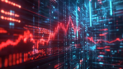 Poster - A digital visualization of data with glowing red and blue lines, depicting fluctuating graphs and market trends in a futuristic environment.