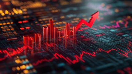 Poster - A vibrant digital representation of a stock market graph, featuring red upward trends amidst colorful data points.