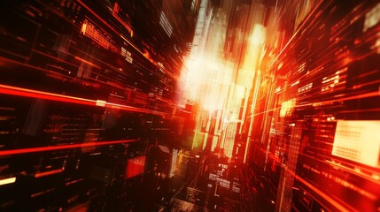 Poster - A vibrant, abstract depiction of light and motion, showcasing dynamic red and golden hues against a backdrop of digital imagery.