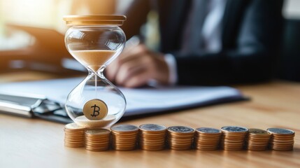 Leinwandbilder - An hourglass with a Bitcoin symbol sits on a table beside stacks of coins, symbolizing the intersection of time and cryptocurrency investment.