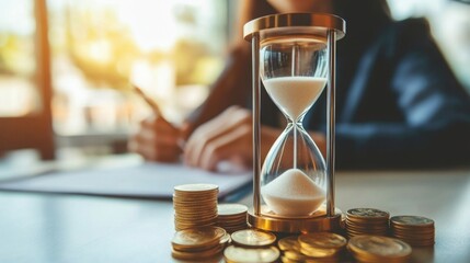 Poster - A close-up of an hourglass beside coins, symbolizing the relationship between time management and financial investment.
