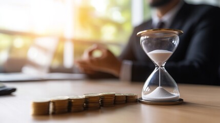 Poster - A close-up of an hourglass with coins, symbolizing the relationship between time and money in a business context.