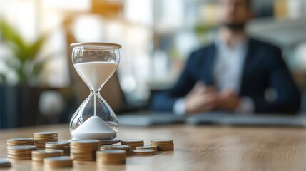 Poster - An hourglass sits among coins on a table, symbolizing the relationship between time and money in a business context.