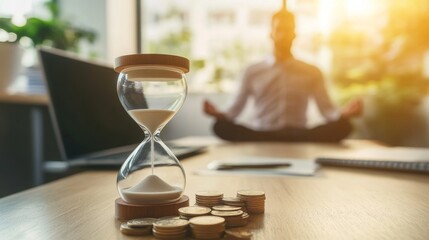 Fototapete - A person meditating with an hourglass and coins in the foreground, symbolizing time management and financial mindfulness.