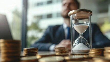 Poster - A businessman contemplates wealth and time, with an hourglass and stacks of coins symbolizing the balance between financial success and the passage of time.