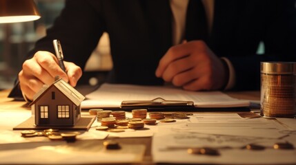 Poster - A businessman writes notes beside a model house and coins, symbolizing real estate investment and financial planning.