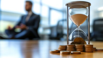Poster - An hourglass sits on a desk surrounded by coins, symbolizing the relationship between time and money in a professional setting.