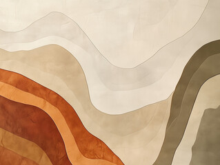 A minimalist abstract artwork featuring organic, flowing lines resembling topographical maps, in earthy tones like beige, olive, and rust. A soft, textured background enhances the natural aesthetic