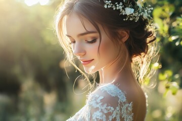 Portrait of a beautiful young woman in a wedding dress, soft sunlight filtering through trees, half-body shot, romantic garden backdrop