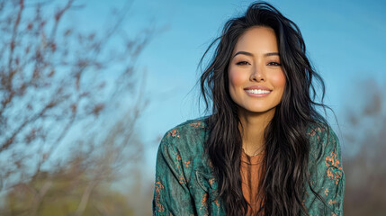 Wall Mural - vibrant Asian woman smiling outdoors with natural background