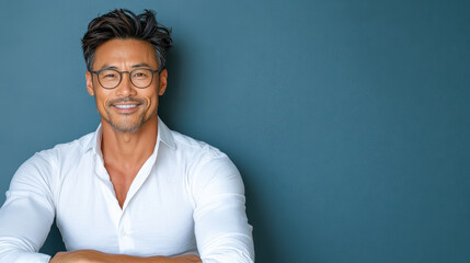 Wall Mural - confident Asian man in casual pose against blue background