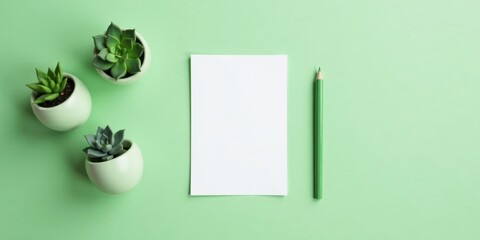 Poster - Pastel Green Workspace with Succulents and Blank Paper