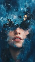 Wall Mural - Abstract Female Portrait: Hidden Emotions in Blue