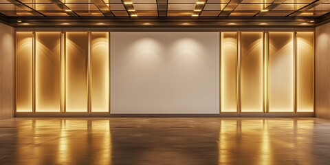 Wall Mural - Modern colonial interior with a blank wall, golden spotlights, polished concrete floor, glowing edge panels, translucent ceiling; clean, minimalist design.