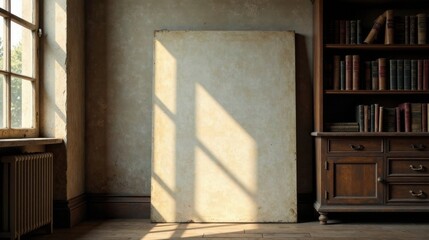 Aufkleber - Sunlight Illuminates a Large Panel Beside an Antique Wooden Bookcase in a Rustic Room