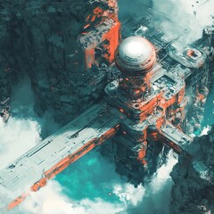 Sticker - futuristic cityscape: a cloud-shrouded metropolis