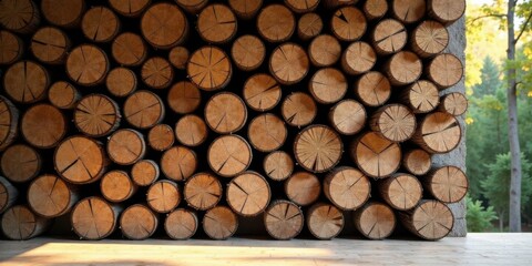 Poster - A wall of stacked wood logs, illuminated by sunlight, providing a rustic and warm interior design element.