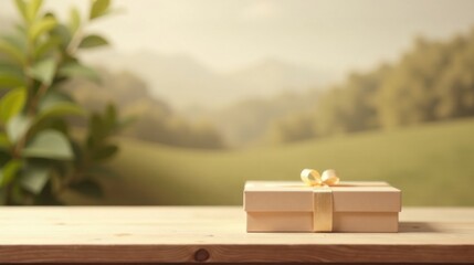 Poster - A delicately wrapped gift box rests on a rustic wooden surface, with a serene, blurred natural landscape in the background.