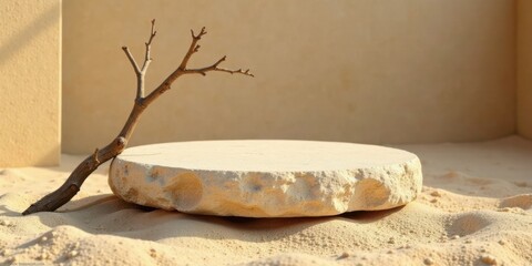 Aufkleber - A sunlit, minimalist scene featuring a weathered branch resting on a pale stone platform in soft sand.