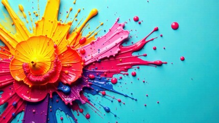 Poster - Vibrant Color Explosion A Symphony of Splashes and Drips on a Teal Background