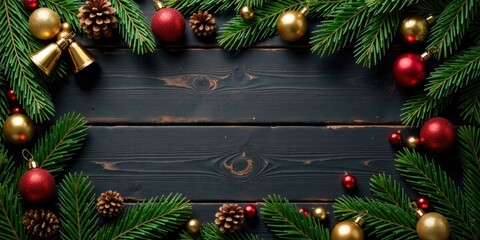 Poster - Festive Holiday Season Frame of Evergreen Branches, Ornaments, and Pine Cones on Dark Wood